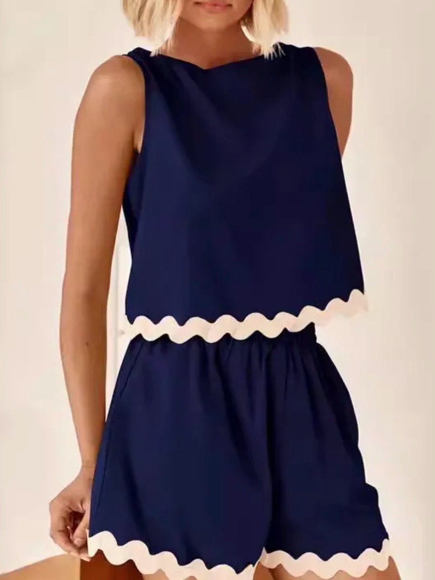 Lalavon Medium Navy Blue Linen Blend Scallop-Trim Sleeveless Top & Short Set
